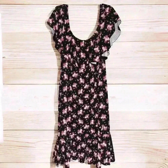 LuLaRoe Black Floral Ruffled Off The Shoulder Flounce Stretchy Medi Dress 3XL - Picture 1 of 9